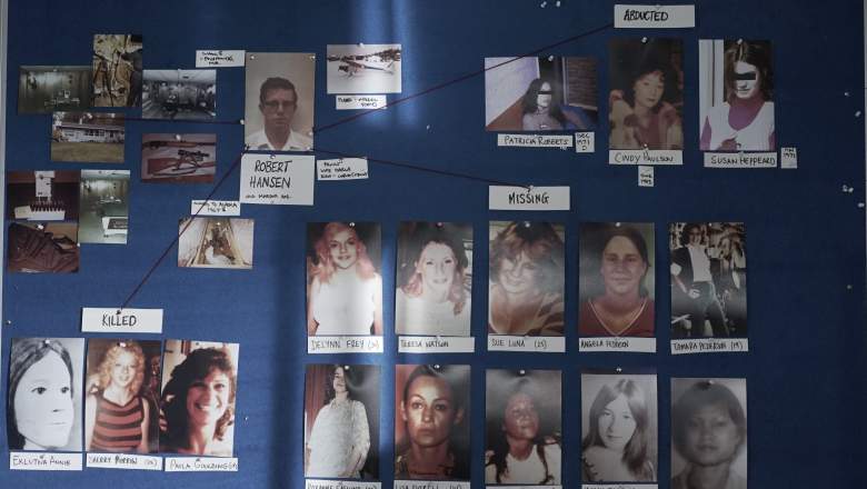 The murder and missing board, showing photos of Hansen’s victims and crime scene photos
