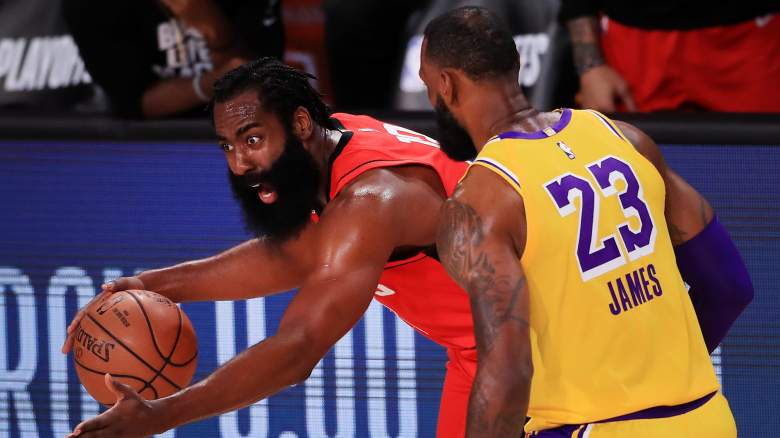 The Rockets' James Harden (left) has reason to be upset by the defense played LeBron James (right) and the Lakers.
