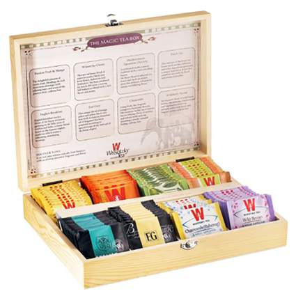 tea assortment in a wooden chest
