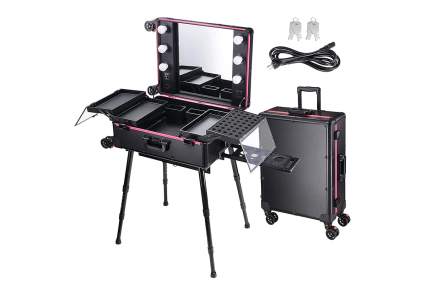 black and pink rolling makeup case that opens up into a makeup station with lights