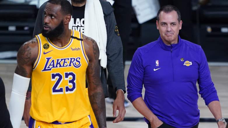 Lakers coach Frank Vogel (right) with LeBron James.