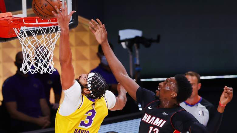 Anthony Davis, left, of the Lakers got the better of now-injured Bam Adebayo in Game 1 of the Finals.