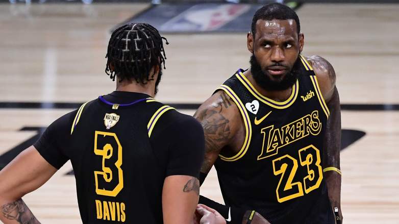 Anthony Davis, left, and LeBron James, right, of the Lakers