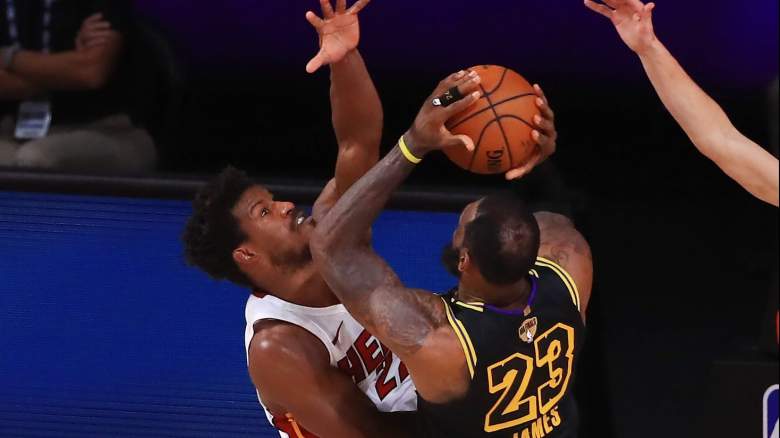 Heat star Jimmy Butler, left, and Lakers star LeBron James