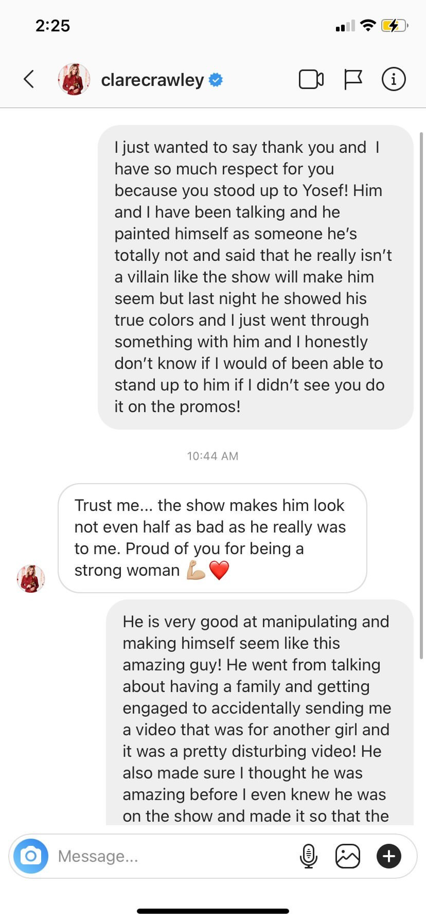 Messages between Clare Crawley and Carly Hammond