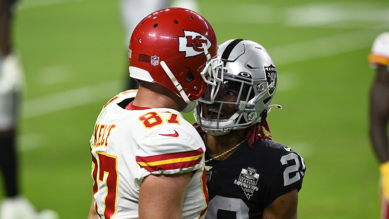 Las Vegas Raiders cornerback Damon Arnette goes flying past Kansas City  Chiefs tight end Travis Kelce on TE's 19-yard play