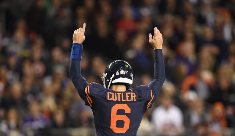 Jay Cutler of the Chicago Bears reacts after a touchdown by Matt