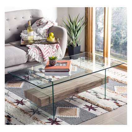 glas and natural coffee table