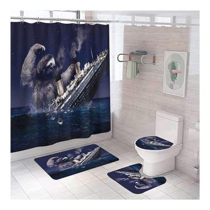 four piece bathroom decor set featuring the sinking Titanic with a giant sloth