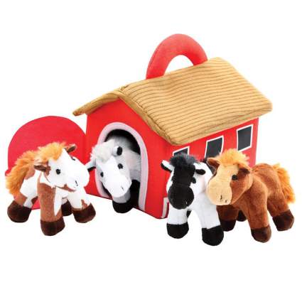 Plush toy horse set with plush barn