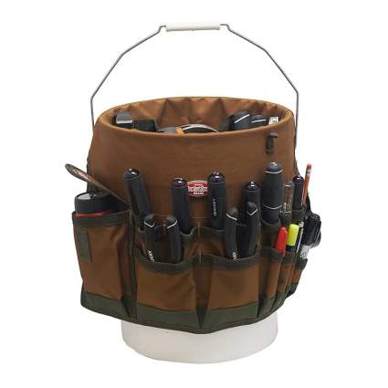 Brown Bucket Boss organizer with tools