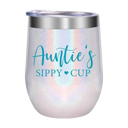 Holographic stemless wine tumbler that reads "Autie's sippy cup"