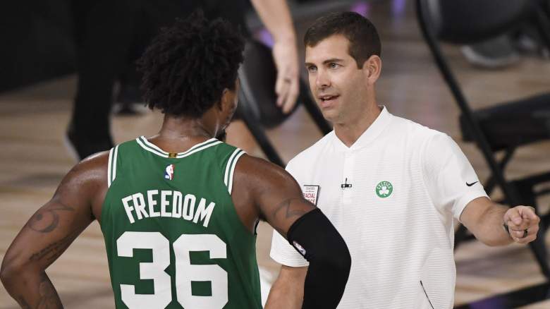 Celtics coach Brad Stevens, talking to guard Marcus Smart.