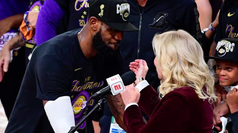 LeBron James, left, and Jeanie Buss of the Lakers