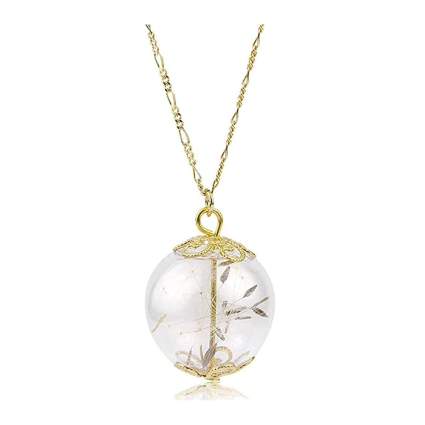 Gold glass globe necklace with dandelion seeds