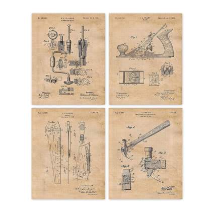 four prints of woodworking tool drawings