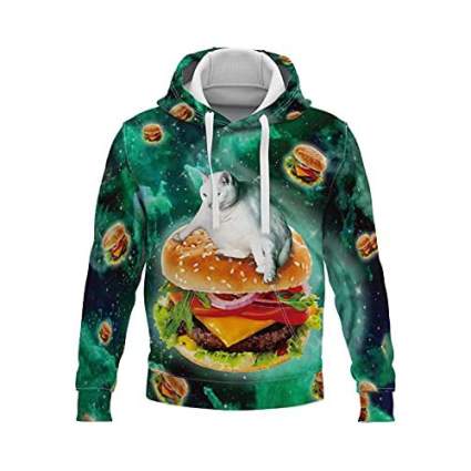 graphic hoodie of a cat on a burger in space