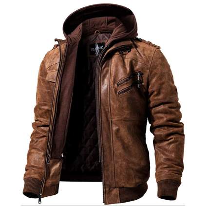 Flavor Leather Motorcycle Jacket with Removable Hood