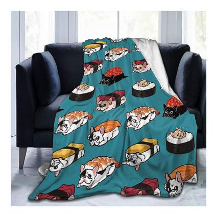 cute throw blanket with French Bulldog sushi illustrations