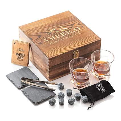 whiskey stones and glass gift set with wooden box