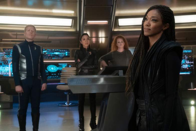 Stamets, Georgiou, Tilly, and Burnham on the bridge of the Discovery