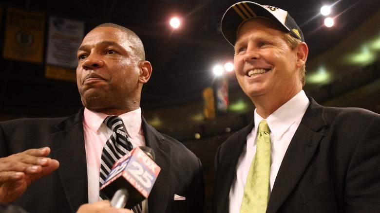 Danny Ainge, right, of the Celtics, with coach Doc Rivers