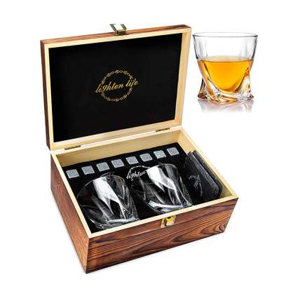 Whiskey glass and whiskey stone set in wooden box
