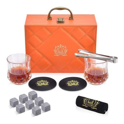 Orange case with whiskey rocks set