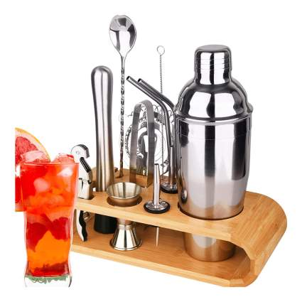 stainless steel and wood cocktail making kit