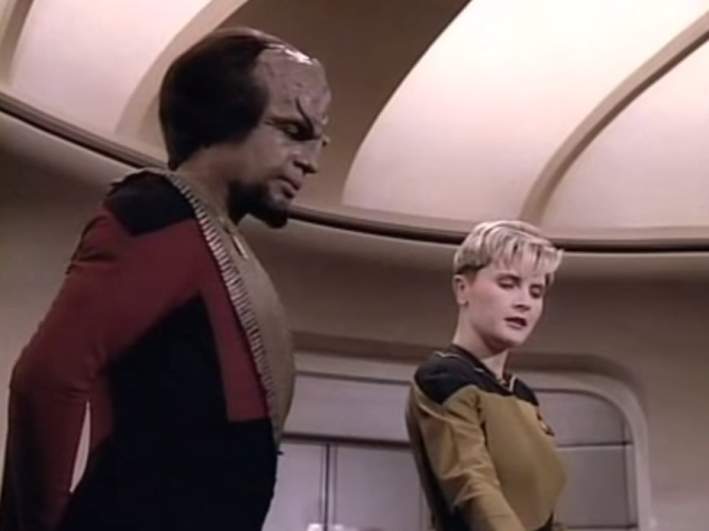 Tasha Yar and Worf on the bridge of The Enterprise