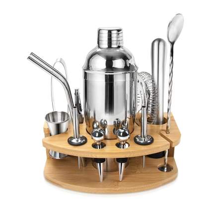 round bamboo stand with steel cocktail making set