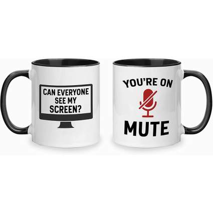 white mug with black accent and snarky video call jokes
