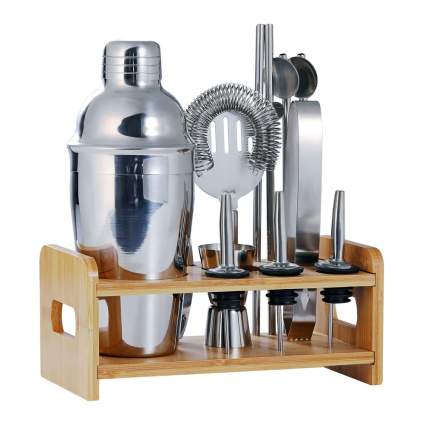 cocktail mixing kit with bamboo holder