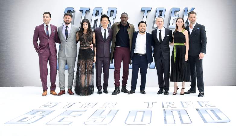 Zachary Quinto, Karl Urban, Sofia Boutella, John Cho, Idris Elba, director Justin Lin, Simon Pegg, Lydia Wilson and Chris Pine attend the UK Premiere of Paramount Pictures "Star Trek Beyond" at the Empire Leicester Square on July 12, 2016 in London,