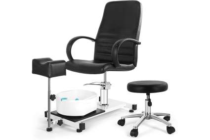 Black pedicure station on wheels with black stool