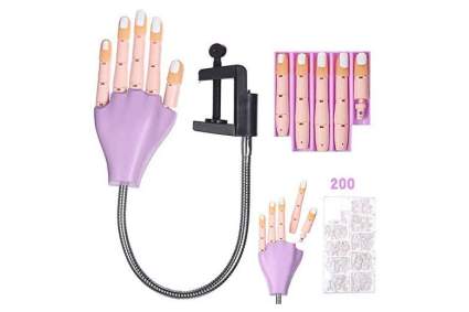 Purple fake hand on a poseable arm with fake nails