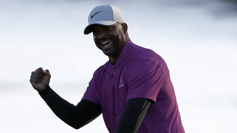 Actor Alfonso Ribeiro celebrates after making the winning putt on the 18th hole of the Charity Challenge at AT&T Pebble Beach Pro-Am