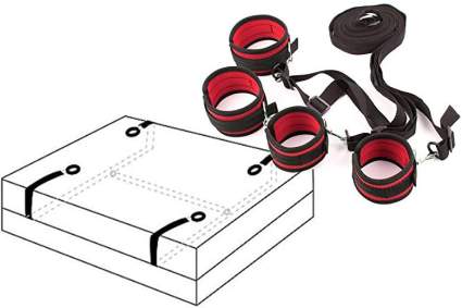 Red bondage cuffs with mattress set up illustration