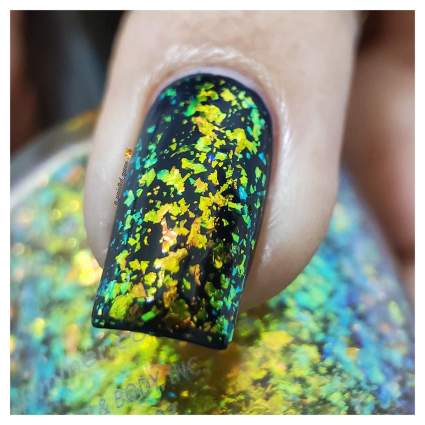 Yellow and green multichrome flakie glitter nail polish
