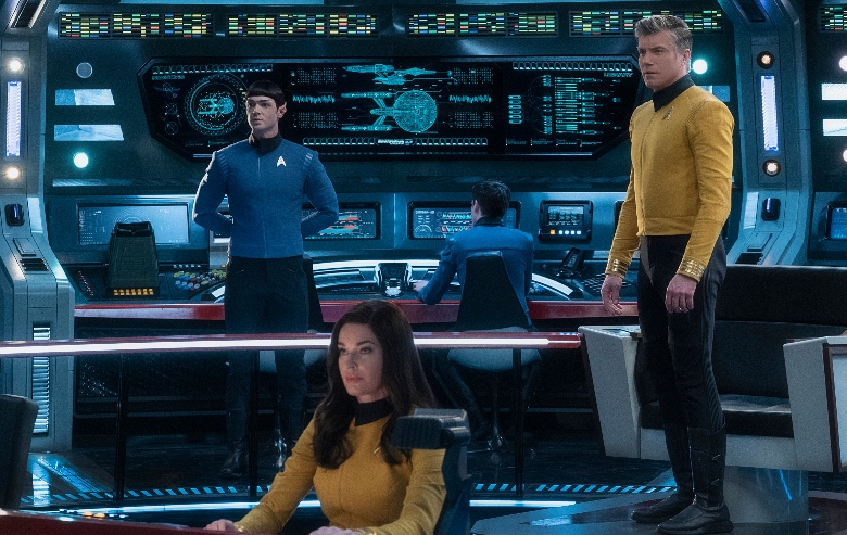 Ethan Peck as Spock; Rebecca Romijn as Number One; Anson Mount as Captain Pike of the the CBS All Access series STAR TREK: SHORT TREK