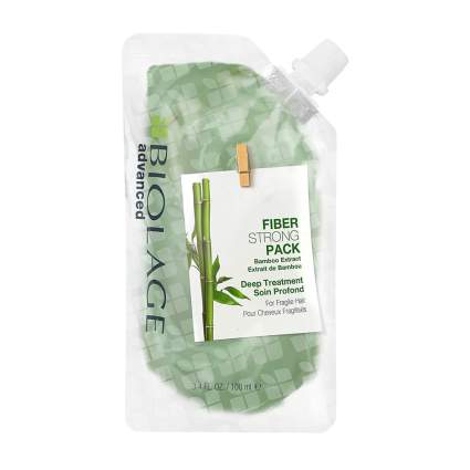 green pouch of Biolage hair mask with bamboo