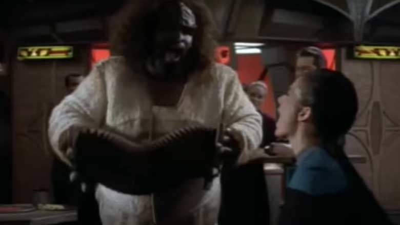 The Klingon Chef (Taylor) singing with Jadzia Dax.