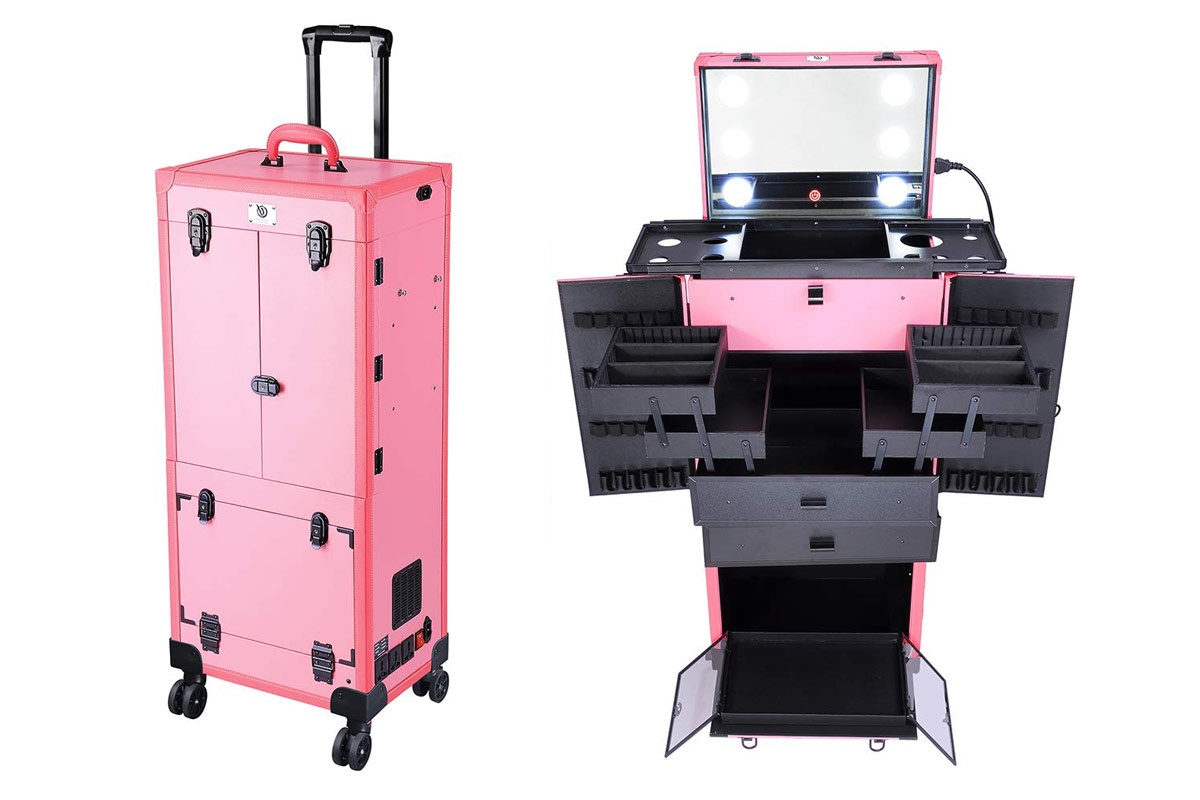 pink rolling makeup case