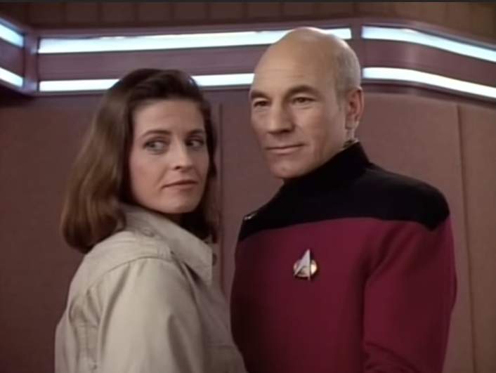 Jennifer Hetrick and Patrick Stewart as Vash and Captain Picard in "Star Trek: The Next Generation"