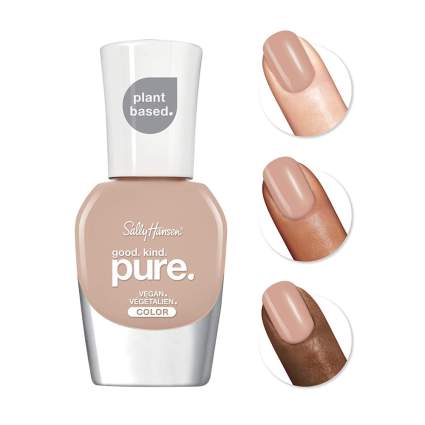 Tan nail polish bottle with swatches on different skin tones