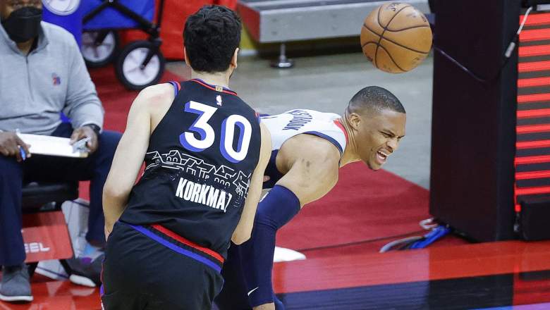 Russell Westbrook suffers an ankle injury against the Sixers in Game 2 of the East playoffs' first round.
