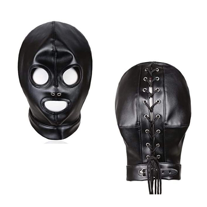 Black Faux Leather Body Harness Hood Roleplay Breathable Open Eyes And Nose Mask 