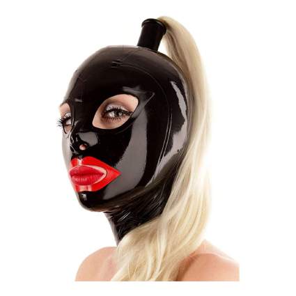 Black latex hood with red lips and blonde wig