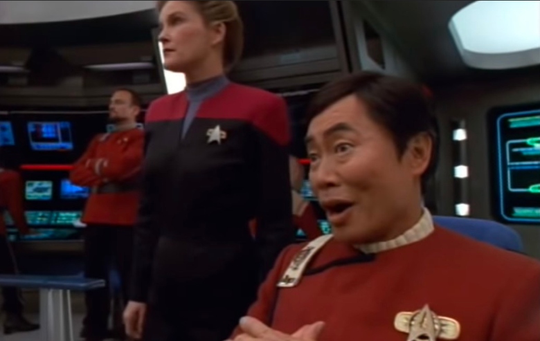 George Takei as Captain Sulu and Kate Mulgrew as Captain Janeway in "Star Trek: Voyager"