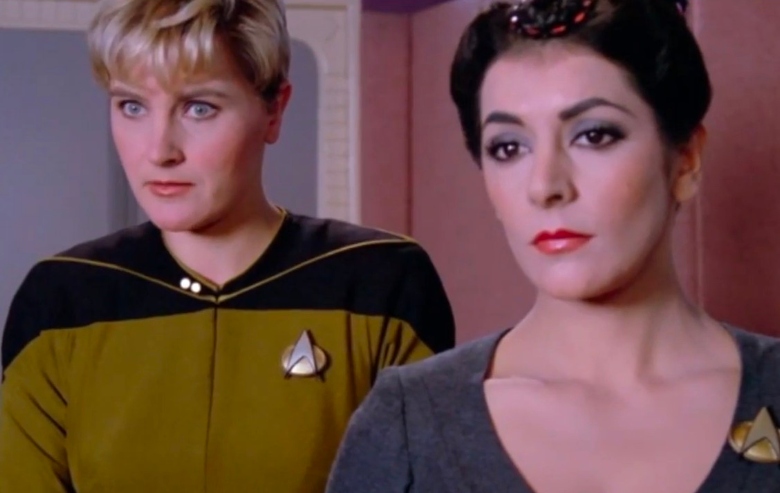 Denise Crosby as Tasha Yar and Marina Sirtis as Deanna Troi in "Star Trek: The Next Generation"